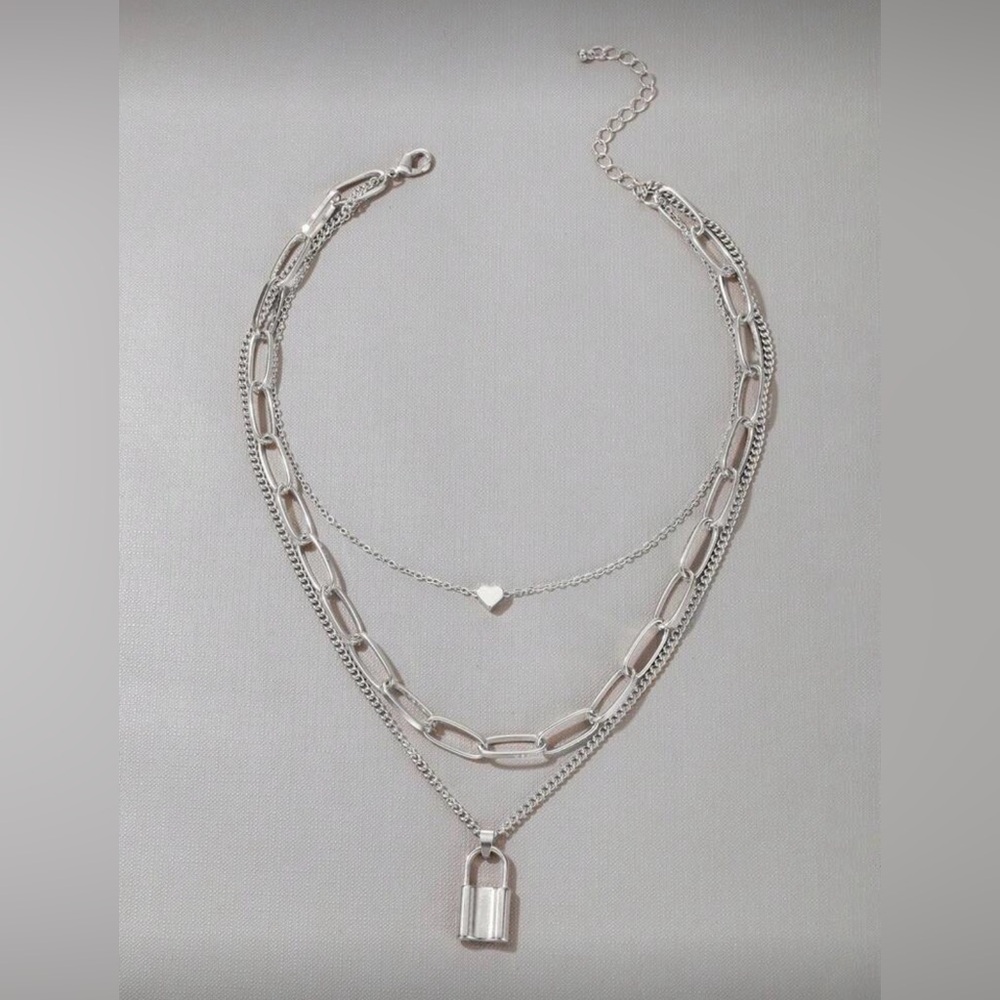 Silver Tone Layered Necklace with Heart‎ and Lock Pendants